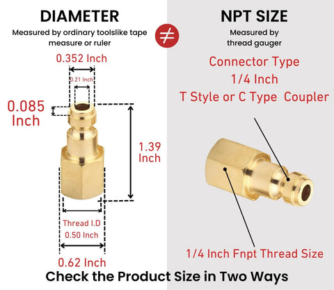 Diagram of 14 Piece Automotive Type C Quick Connect Air Fittings Kit dimensions showing diameter and 1/4 inch NPT size.