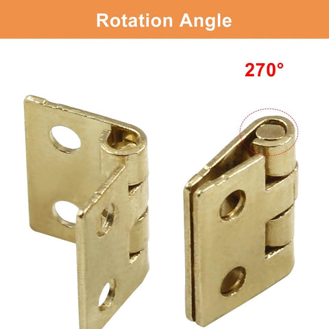 Tiny Brass Hinges Pack Of 50 Pieces Measuring 0.31 By 0.39 Inches For Mini Cabinets Jewelry Boxes Dollhouse DIY Craft With Mounting Screws Great For Small Box Hinges And Tiny Cabinet Doors Zorveiio, showing rotation angle.
