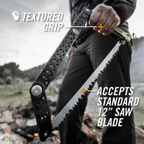 Folding Camp Saw With 12 Inch Blade For Backpacking, Hiking, Camping And Bushcraft, close-up of textured grip and blade near fire.