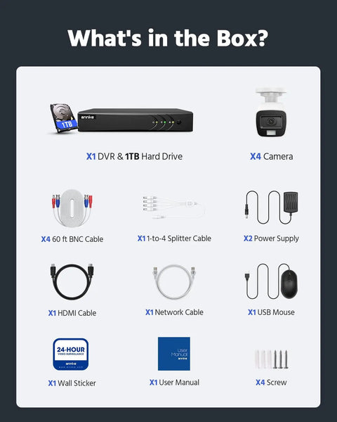 What's included in 8 Channel 2MP Security Camera System With AI Human And Vehicle Detection: DVR, 4 Cameras, cables, HDD, and accessories.