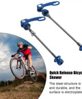2 Pack Aluminum Alloy Bicycle Quick Release Skewers For Front 100mm And Rear 135mm Axles Red Color, blue skewers and cyclist