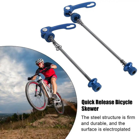 2 Pack Aluminum Alloy Bicycle Quick Release Skewers For Front 100mm And Rear 135mm Axles Red Color, blue skewers and cyclist