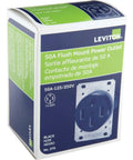 Heavy Duty NEMA 14 50R Flush Mount Receptacle 50 Amp 125 To 250V in retail packaging, black thermoplastic outlet. Front view.