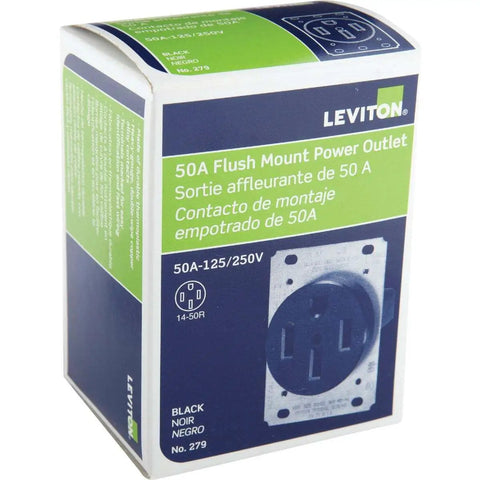 Heavy Duty NEMA 14 50R Flush Mount Receptacle 50 Amp 125 To 250V in retail packaging, black thermoplastic outlet. Front view.