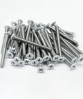 Heavy Duty Extra Long Outlet Mounting Screws Forty Piece Pack Six Thirty Two Gauge One And Half Inch Reach white screws with Phillips countersunk heads.