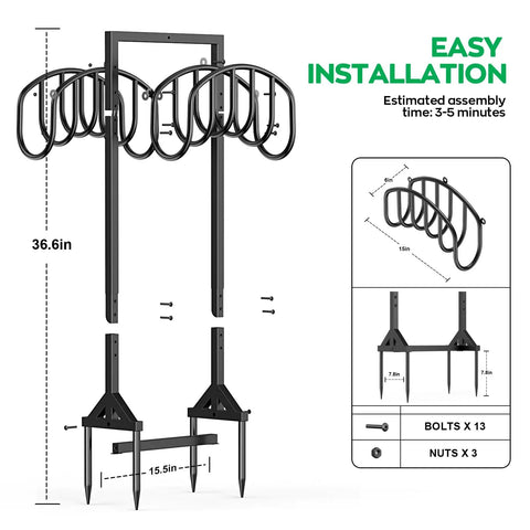 Heavy Duty Metal Freestanding Hose Holder That Holds Two 150 Ft Hoses Rustproof Garden Hose Storage With Four Spikes shown disassembled