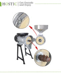 Workhorse Wet And Dry Grain Mill Grinder With Funnel 110V Electric Grain Crusher on stand showing grinding discs close-up