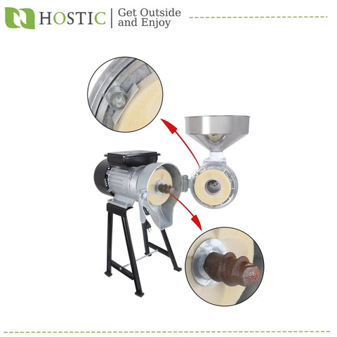 Workhorse Wet And Dry Grain Mill Grinder With Funnel 110V Electric Grain Crusher on stand showing grinding discs close-up
