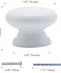 Six Pack Round Wooden Cabinet Knobs In Crisp White With Trimmable Screws, solid mushroom shape, dimensions 1.39" height, 1.05" width.