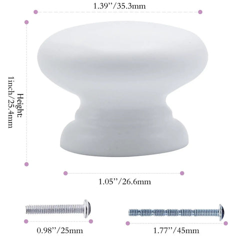 Six Pack Round Wooden Cabinet Knobs In Crisp White With Trimmable Screws, solid mushroom shape, dimensions 1.39" height, 1.05" width.