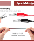 Close-up of 4 Pcs Alligator Clip Test Lead Set For Electrical Testing with red and black clips and PVC insulated wires