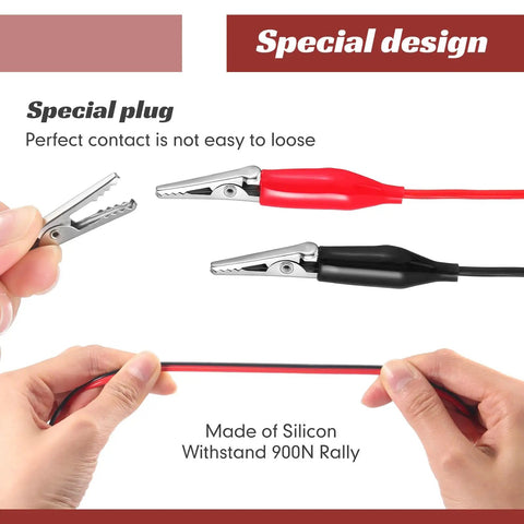 Close-up of 4 Pcs Alligator Clip Test Lead Set For Electrical Testing with red and black clips and PVC insulated wires