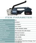 Heavy Duty Portable Cordless Electric Strapping Machine For PP And PET Packing Belts 13 To 16mm With Dual 18V Batteries side view with specs