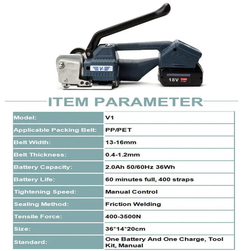 Heavy Duty Portable Cordless Electric Strapping Machine For PP And PET Packing Belts 13 To 16mm With Dual 18V Batteries side view with specs