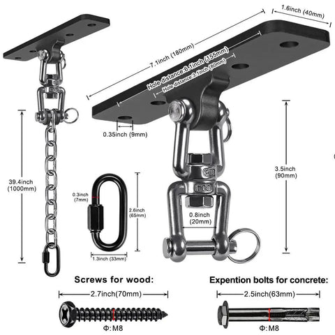Heavy Duty Hammock Chair Hardware Kit With Chain And Swivel, 360 Degree Rotation, 600 Lb Capacity, detailed measurements