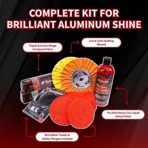 Aluminum Polishing Kit With Dual Buffing Wheels Polishing Compounds Right Angle Grinder Safety Flange Pro Red Hand Polish And Microfiber Pads For A Crazy Slick Showroom Worth Shine.