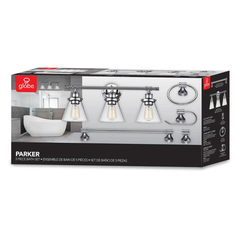 Box of All-In-One Chrome Bathroom Set With 23 Inch 3-Light Vanity Wall Light And Clear Glass Shades, Towel Bar, Towel Ring, Robe Hook