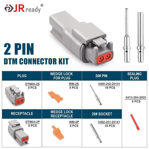 DTM 2 Pin Connector Kit 8 Pack with Size 20 Solid Contacts 20-22 AWG Waterproof Pro Grade Automotive Electrical Connectors and Components