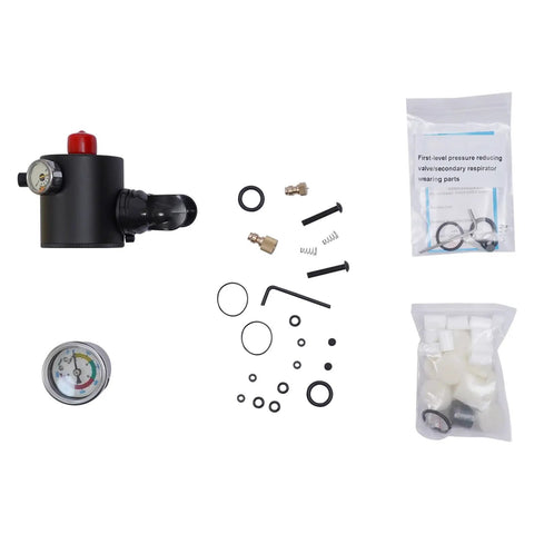Close-up of valve components and repair kit for Compact Scuba Tank 3.0 Cu Ft 3000 PSI With 4500 PSI High Pressure Pump Dive Kit