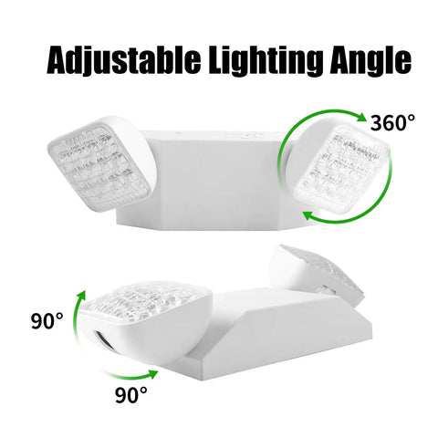 Emergency Light With Back Up Battery And Two Adjustable LED Heads, Wall Mount, White Finish, UL Certified, showing adjustable angles.