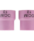 Close-up of two pink ceramic TIG cups from Pro Grade Ceramic TIG Cup Kit With Alumina For 0.1 Inch Torch Cups WP 17 18 26 1.6 Air Cooled