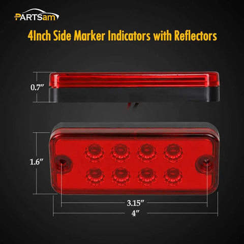 Red 4 inch side LED marker light with 8 LEDs and reflector, dimensions labeled, product for 20 Pack 4 Inch LED Rectangular Side Marker Clearance Lights With 8 LEDs Per Light For Your Rig Trailer Truck RV Camper Motorhome Car 12V 10 Amber 10 Red Durable Weatherproof Lights With Easy Install And Mounting Screws Included