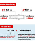 Diagram of 3/8 Inch Hose Barb To 1/2 Inch NPT Brass Air Hose Fittings Kit, showing dimensions and NPT size explanation.
