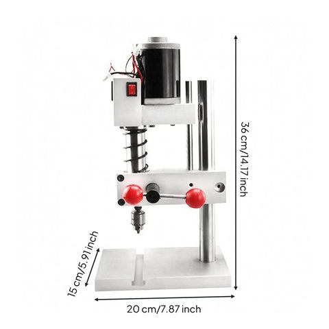 Compact Mini Bench Drill Press, Silver And Black With Red Knobs 0.4-4.5mm Chuck Range Desktop Machine For Fine Carving and Handcrafted DIY Projects, front view with measurements.