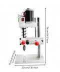 Metal Body Mini Bench Drill Press With Red Adjustment Knobs Compact Workstation Tool For DIY Projects shown from the front with size details.