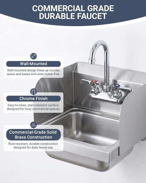 Real Deal Commercial Wall Mount Kitchen Faucet Featuring A Smooth 360 Degree Swivel Gooseneck Spout With Stainless Steel Finish For Restaurant Crews And No Fuss Heavy Duty Sink Cleanup, wall-mounted with chrome finish.