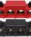 Heavy Duty 3/8 Inch 4 Stud Bus Bar Power Distribution Block in red and black for marine 12 Volt battery terminals.