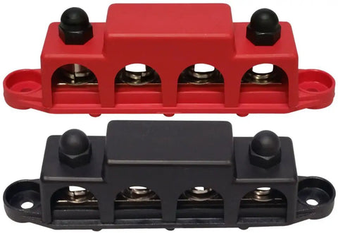 Heavy Duty 3/8 Inch 4 Stud Bus Bar Power Distribution Block in red and black for marine 12 Volt battery terminals.