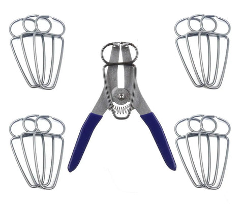 Spring Loaded Pliers And 13 Miter Clamps Set With Lifetime Guarantee Made In USA, blue-handled pliers and silver clamps