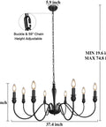37.4 Inch Black Farmhouse Chandelier With 8 Candle Style Lights, rustic iron arms, dimensions shown