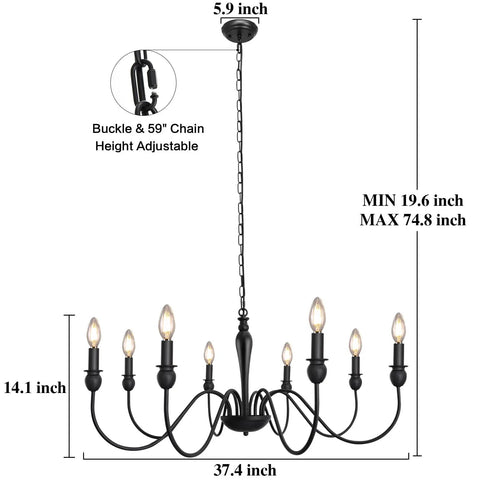 37.4 Inch Black Farmhouse Chandelier With 8 Candle Style Lights, rustic iron arms, dimensions shown