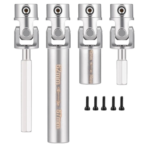 2 Pack Steel CVD Driveshafts For 1 To 18 TRX4 M K10 F150 RC Crawler Upgrades Silver Beefy Heavy Duty Connection For Smooth Power Transfer And Precision Fit Ideal RC Crawler Upgrade For Stability And Durability. Steel RC crawler driveshaft set with screws, showing 62mm and 87mm shafts