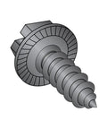 Illustration of a Beefy Steel Sheet Metal Screw with Black Oxide Finish, serrated hex washer head, slotted drive, Type AB point.