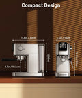 Top Shelf 20 Bar Espresso Machine With Hot And Iced Beverage Options Solid Stainless Steel Coffee Brewer, compact design, size 11.8in x 5.5in.