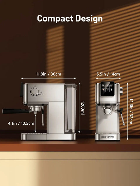Top Shelf 20 Bar Espresso Machine With Hot And Iced Beverage Options Solid Stainless Steel Coffee Brewer, compact design, size 11.8in x 5.5in.