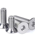 Snap Up These Heavy Duty M3 X 15Mm Flat Head Socket Bolts Crafted From Rock Solid 304 Stainless Steel With Allen Hex Drive Totally Fully Threaded For Any Gritty Job In A Sweet 50 Pack - Close up view of four flat head socket bolts.