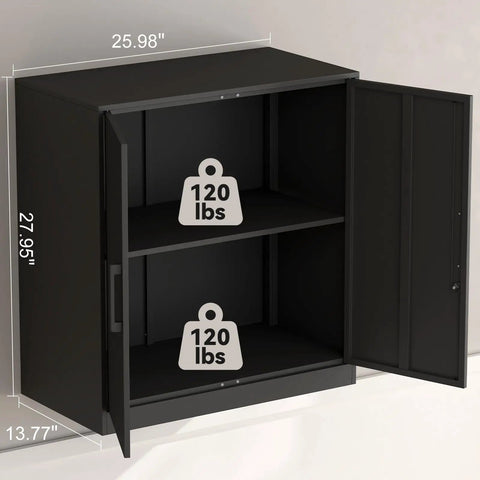 Metal Wall Cabinet With Lockable Doors, wall mounted storage, showing open 2 doors, adjustable shelves, black