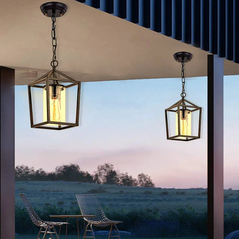 Outdoor Porch Pendant Light With Glass Shade, Vintage Metal Cage Lantern, classic black finish, shown installed on porch