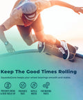 Person skateboarding in a skate park with text about using SqueaksGone for wheel bearings, preventing rust and water repelling.