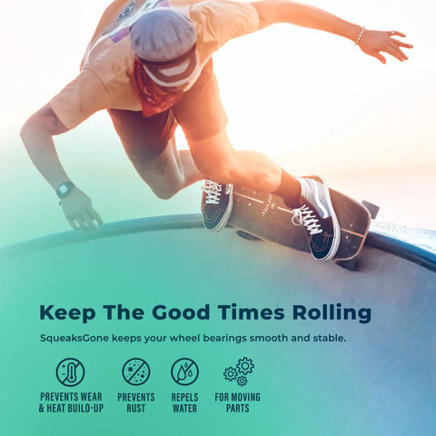 Person skateboarding in a skate park with text about using SqueaksGone for wheel bearings, preventing rust and water repelling.
