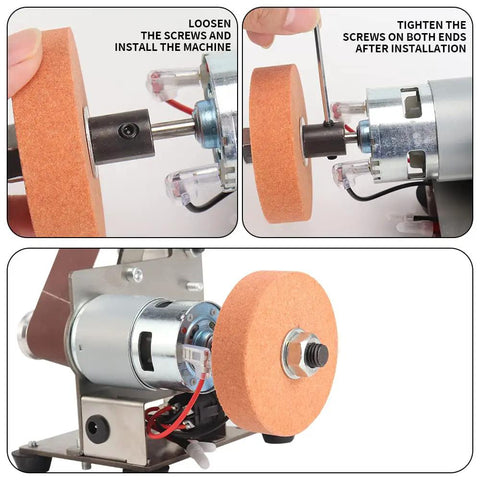 Top Shelf 3 Inch Bench Grinding Wheel And Polishing Disc for Knife Sharpener installation steps on a machine.