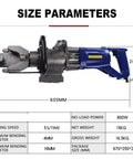 Heavy Duty Hydraulic Electric Rebar Cutter And Bender Handheld Steel Bar Processor with size parameters and specifications.