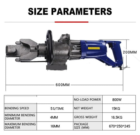Heavy Duty Hydraulic Electric Rebar Cutter And Bender Handheld Steel Bar Processor with size parameters and specifications.