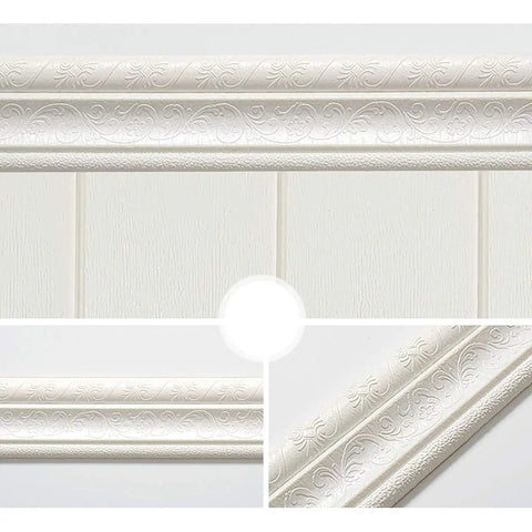 Close-up of white self adhesive flexible foam molding trim with decorative design, showing texture and 3D depth. Size 90 inch by 3 inch.