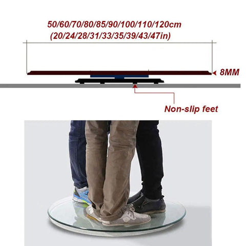 Heavy Duty Tempered Glass Lazy Susan Turntable with non-slip rubber feet, 8mm thick, holding multiple people, clear rotating serving plate.