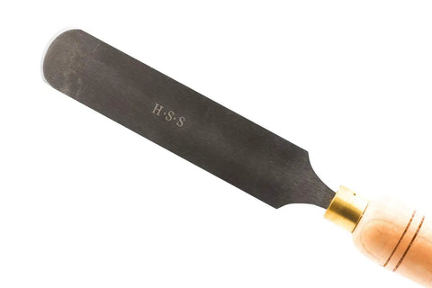 Rock Solid Woodturning Chisel With Rounded Blade Built For Heavy Bowl Smoothing And Cleanup Crafted From Premium M2 High Speed Steel showing H.S.S. blade and hardwood handle.